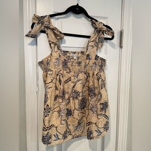 NWT C&C California Size L Tan Blue Paisley Smocked Tank Top Bows Boho Peasant